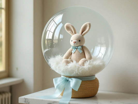 L'Étoile de Naissance — Ballon-bulle artisanal avec peluche lapin et plumes blanches · Effervéa
