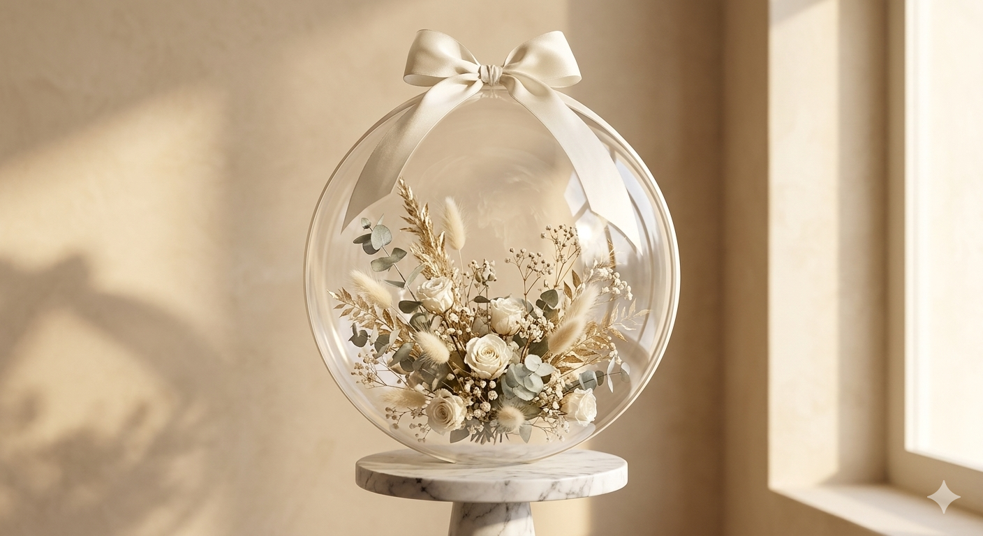 La Florale — Ballon-bulle fleurs séchées sur piédestal marbre · Effervéa