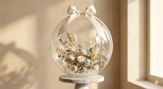Le Serment — Ballon-bulle mariage fleurs séchées ruban soie · Effervéa