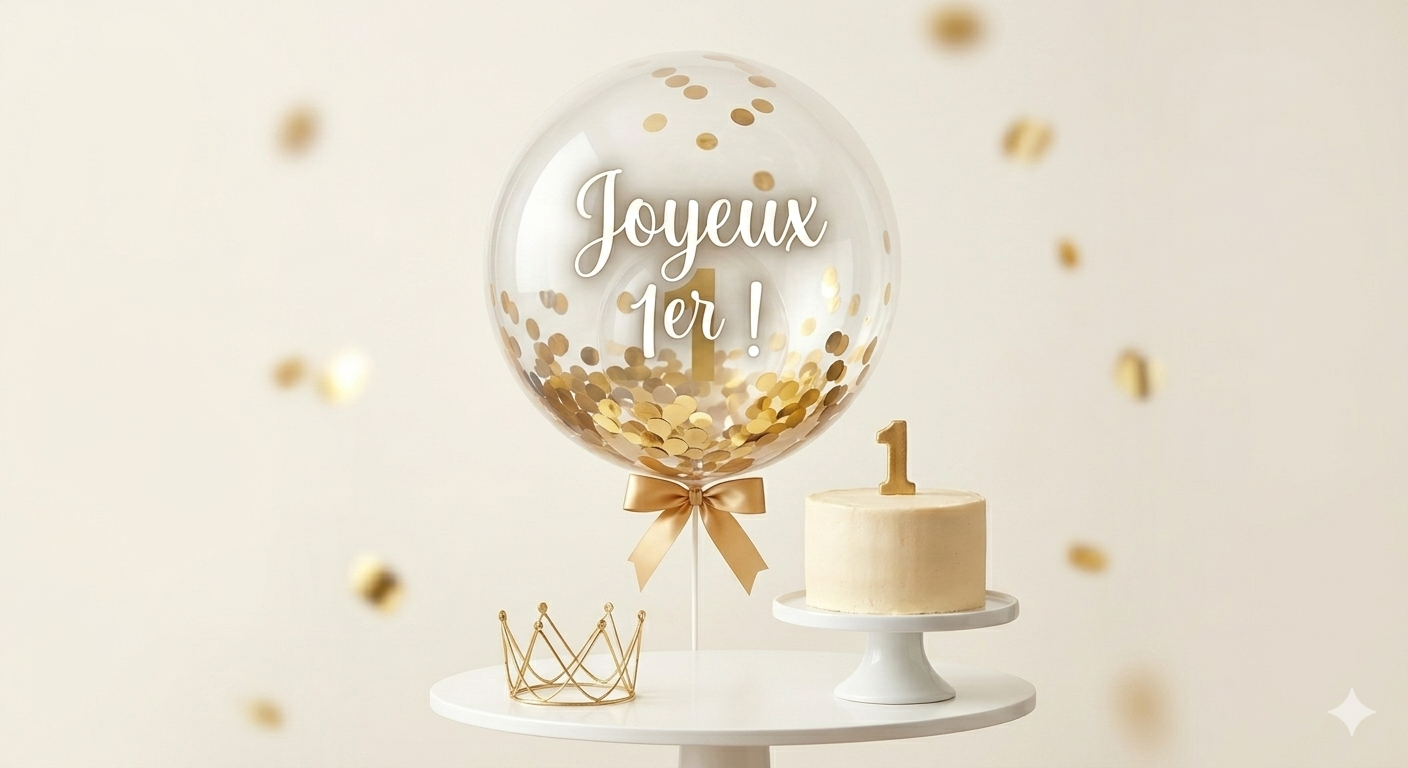 L'Éclat — Ballon-bulle anniversaire confettis or gâteau couronne · Effervéa